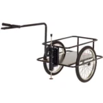 Two-wheeled black cargo cart with a long handle for pulling, metal frame, and a rectangular basket on wheels