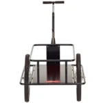 Front view of a black four-wheeled utility wagon with a tall push handle and railing, used to haul items.