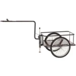 Single-wheel bicycle trailer with a long towing arm and metal cargo rack