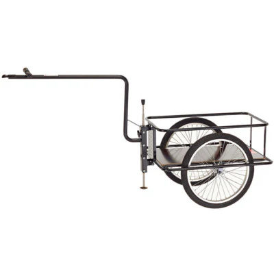 Single-wheel bicycle trailer with a long towing arm and metal cargo rack