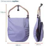 Purple fabric bag with curved wooden arch handles, shown at full size: 110 cm tall, 68 cm wide, 28 cm deep.
