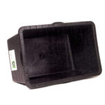 Black rectangular plastic bin/tray with an open front and a label on the side.