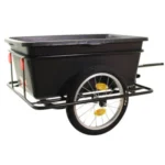 Black utility trailer with a metal frame, a single wheel on the side, and a rectangular tub for hauling cargo.