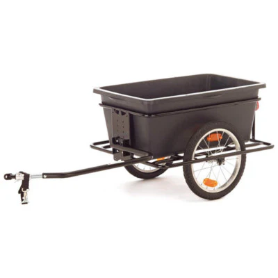 Black rectangular utility trailer with two wheels and a hitch, empty cargo bed, isolated on white.