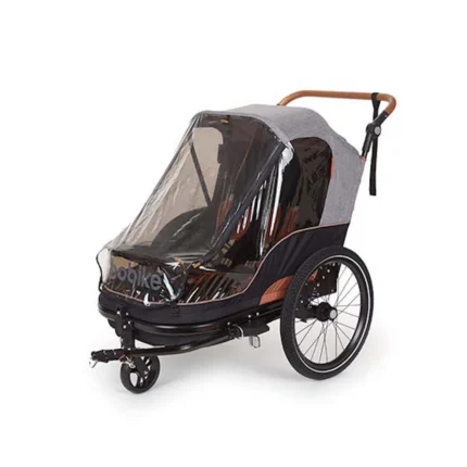 Two-wheeled bicycle child trailer with clear weather shield and gray canopy and brown frame
