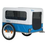 Two-wheeled blue and white dog bicycle trailer with side window and rear access, attached to a bicycle for carting a pet.