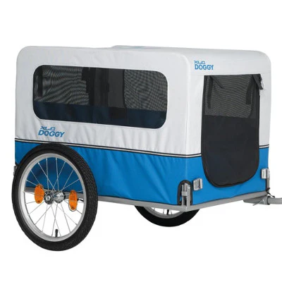 Two-wheeled blue and white dog bicycle trailer with side window and rear access, attached to a bicycle for carting a pet.
