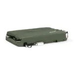 Folded green inflatable camping mattress with built-in pump and valves for easy inflation/deflation.