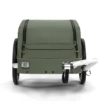 Rear view of a green two-wheeled cargo trailer with a white tow bar visible from behind.