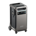Anker Solix portable air conditioner on caster wheels with a digital control panel on the front.