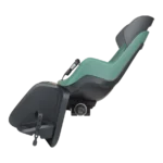 Green and gray reclining patient chair with adjustable leg rest, used in medical or dental exams.