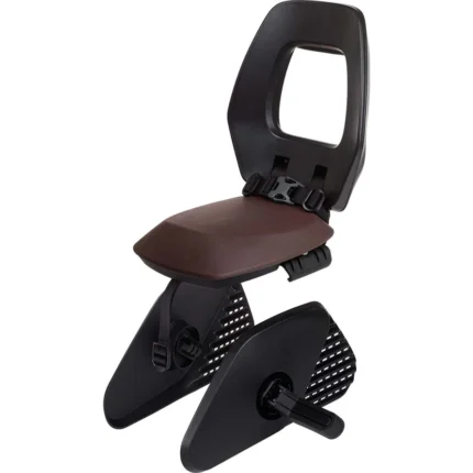 Compact exercise chair with a brown padded seat, black backrest, and attached foot pedals for at-home workouts.