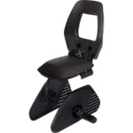 Ergonomic black bicycle seat with a square backrest and adjustable clamps on a compact trainer stand, designed for stationary cycling.