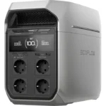 Portable power station with four AC outlets and a displayed power readout, labeled EcoFlow on the side