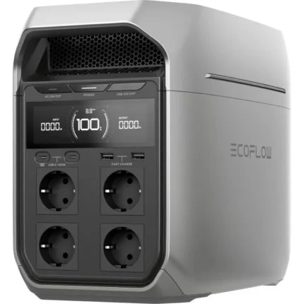 Portable power station with four AC outlets and a displayed power readout, labeled EcoFlow on the side