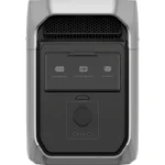 Front view of a silver and black UPS/power inverter with a status display and a large DC input knob at the bottom.