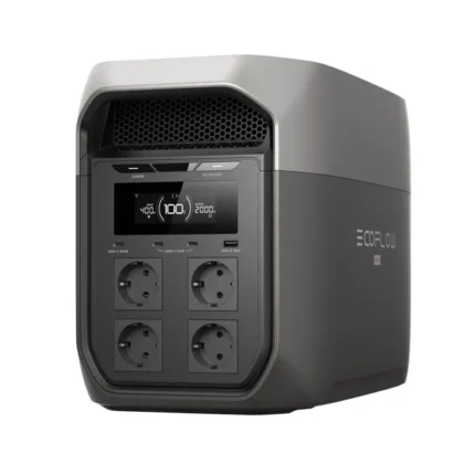 Portable power station with four outlets and a digital display, labeled EcoFlow, used for backup power.