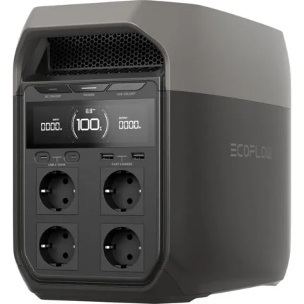 EcoFlow portable power station with four outlet sockets and USB ports; LCD shows 100% charge with input/output readings.
