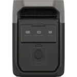 Portable power station with a front display and a large DC power knob below; indicators show solar input, extra battery port, and AC charge.