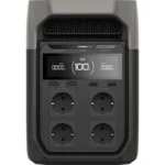 Portable power station with four AC outlets, USB ports, and a digital display showing full charge at 100%.