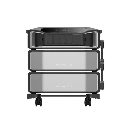 EcoFlow portable power station with three stacked battery modules on a wheeled cart.
