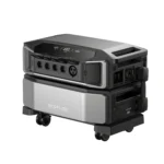 EcoFlow portable power station with multiple outlet ports and a digital display on the front panel, on a wheeled stand.