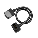 Black power cable with two connectors: a large rectangular plug on the left and a matching connector housing on the right, shown against a black background.
