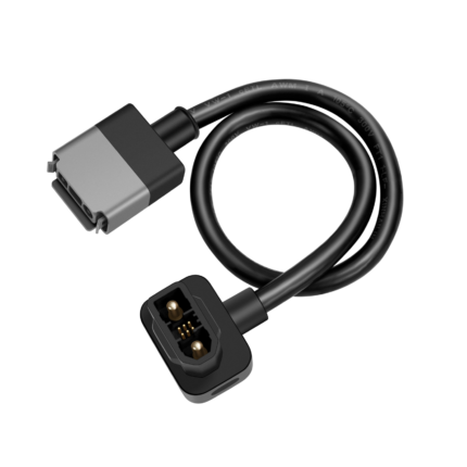 Black power cable with two connectors: a large rectangular plug on the left and a matching connector housing on the right, shown against a black background.