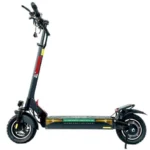 Side view of a black electric scooter with a tall stem and thick tires, resting on its kickstand