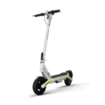 White electric scooter with a tall white stem, black handlebars, and a front headlight, standing on a white background with black wheels and yellow accents on the deck supports.