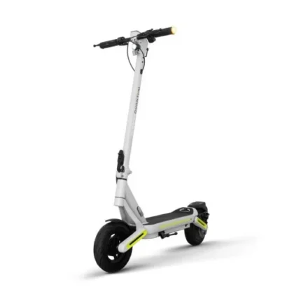 White electric scooter with a tall white stem, black handlebars, and a front headlight, standing on a white background with black wheels and yellow accents on the deck supports.