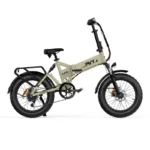 Beige folding electric bike with thick tires, front suspension, rear cargo rack, and black handlebars against a white background.