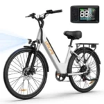 Electric electric bike with front headlight, rear cargo rack, and a mounted digital display on the handlebar area showing speed and battery information.