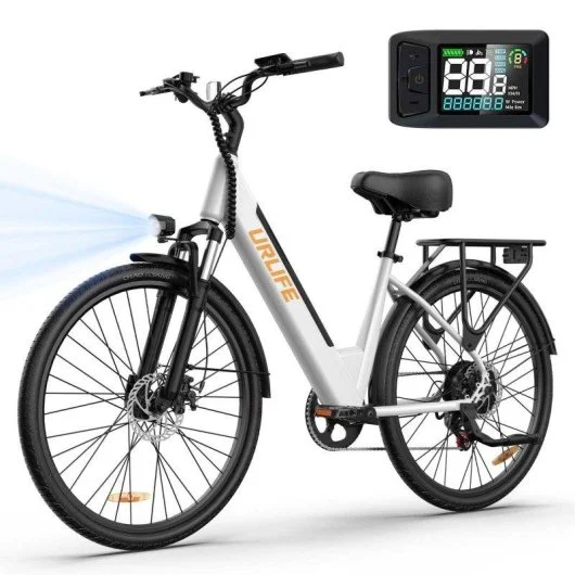 175-bicicleta-electrica-urlife-e26-motor-750-w-bateria-48-v-104-ah-blanca - NEVORIXT Electric electric bike with front headlight, rear cargo rack, and a mounted digital display on the handlebar area showing speed and battery information.