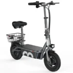 Compact electric scooter with a padded saddle, large front wheel, and rear cargo basket.