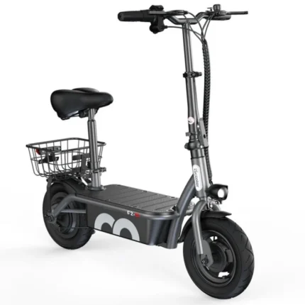 Compact electric scooter with a padded saddle, large front wheel, and rear cargo basket.