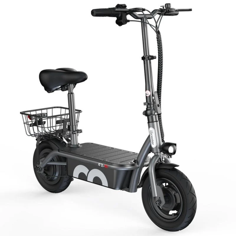 1968-patinete-electrico-iscooter-f2-500w-asiento-plegable-10-36v-78ah-autonomia-30km-gris - NEVORIXT Compact electric scooter with a padded saddle, large front wheel, and rear cargo basket.