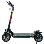 Electric kick scooter shown in side view with tall handlebar, large tires, and kickstand.