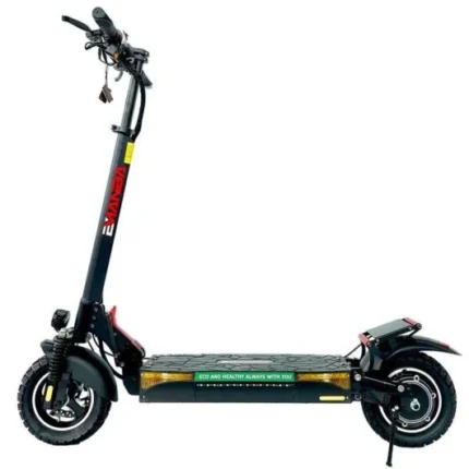 Electric kick scooter shown in side view with tall handlebar, large tires, and kickstand.
