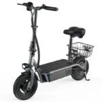 Black electric scooter with a long deck, front headlight, handlebar controls, and a metal rear cargo basket.