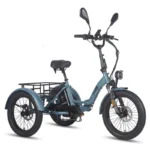 Blue electric cargo tricycle with a rear rack for hauling items on a step-through frame, two back wheels and front headlight.