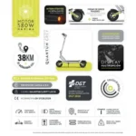 Collage showing a yellow electric scooter with specs: 580W motor, 38 km range, 10,000 mAh battery, suspension, multifunction display, and related icons/logos.