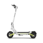 Side view of a white electric scooter with tall stem, black deck, and neon yellow accents on the wheels and frame