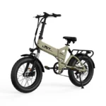 Electric folding fat-tire bike with front suspension, beige frame, and rear cargo rack on white background.
