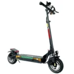 Electric scooter with tall stem, wide deck, black frame, and front disc brake viewed from the side for urban use