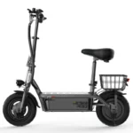 Electric foldable e-scooter with a rear cargo basket and front headlight, shown in side view on a white background