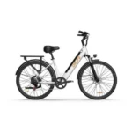 White electric commuter bike with step-through frame, integrated battery on the downtube, rear rack, and front light.