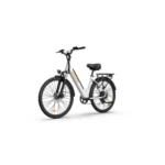 White electric city bike with a step-through frame, black accents, and a rear cargo rack.