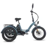 Blue three-wheeled electric cargo bike with rear rack and step-through frame