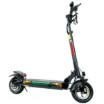 Electric off-road electric scooter with tall handlebar, oversized tires, and long deck.